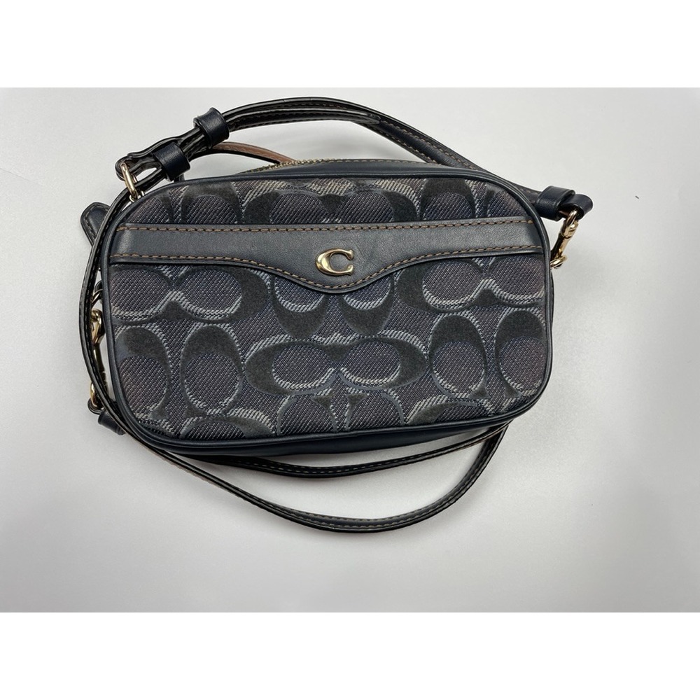 Coach Signature Denim Jacquard Crossbody Belt Bag Blue Leather C Logo Camera Bag